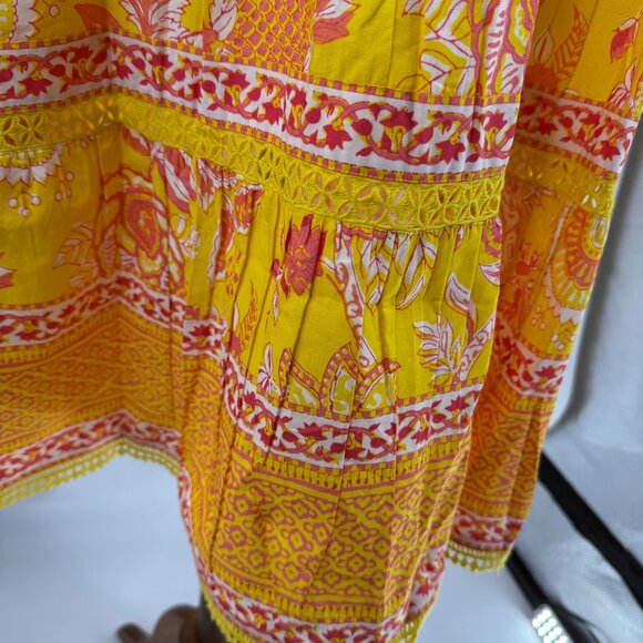 La Plage S Yellow Coral Floral Block Print Dress Short Sleeve, 100% Cotton - Picture 10 of 12